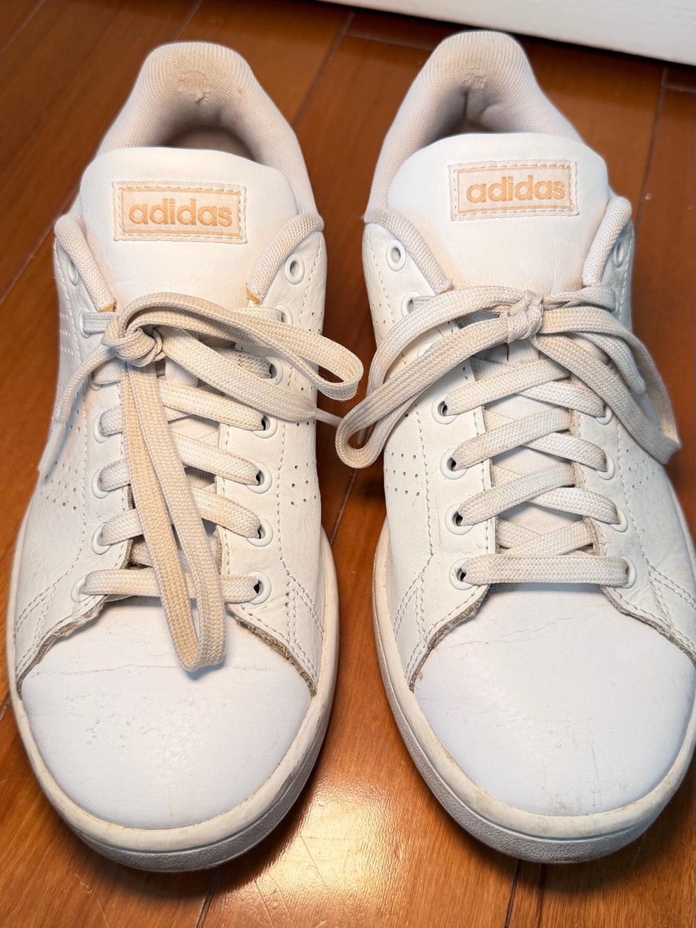 Adidas Classic White Sneakers with Gold Accents, Size 8